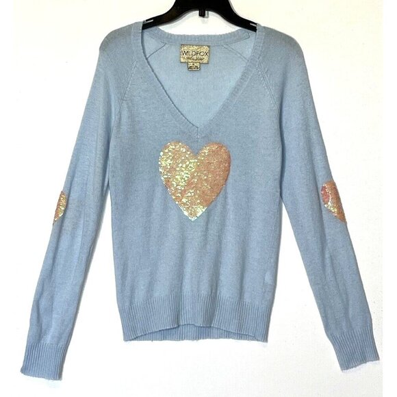 WILDFOX White Label Blue Angora blend Sequin Hearts V-Neck Sweater Top - Picture 2 of 10